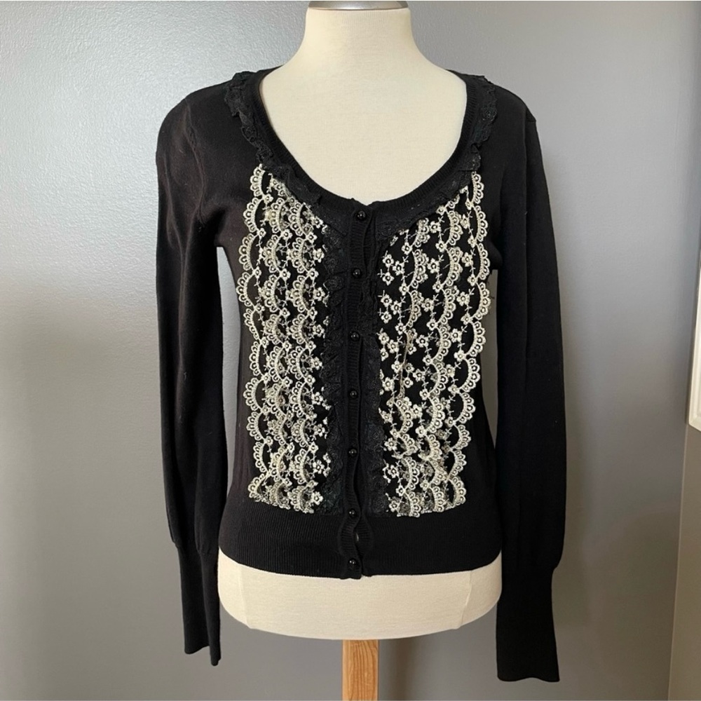 Y2K FOX Black & Gold Floral Frill Ruffle Lace Button Cardigan Limited Edition